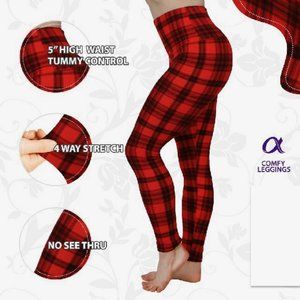 Comfy Black & Red Plaid Tummy Control Leggings